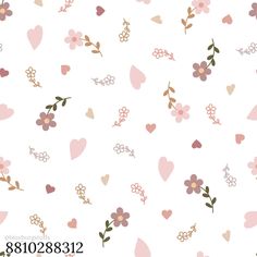 a white background with pink and brown hearts, flowers, and leaves on the left side