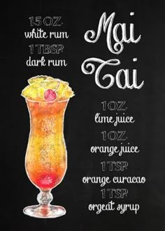 a chalkboard sign with an orange and yellow drink on it's black background