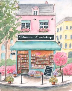 a watercolor painting of a book store on the street with flowers and trees in front