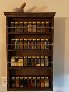 an old wooden spice rack filled with lots of spices