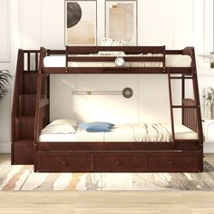 a bunk bed with drawers underneath it in a room next to a rug and potted plant