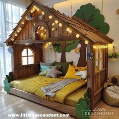 a child's bed made out of wood with lights on the roof