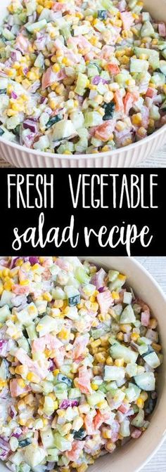 fresh vegetable salad in a white bowl with the title above it and an image of two bowls