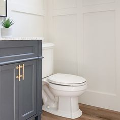 a white toilet sitting next to a gray cabinet in a bathroom on top of a hard wood floor