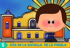 a cartoon boy is sitting in front of a building with the sun behind him and his name on it