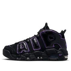 The Nike Air More Uptempo '96 'Black Action Grape' is a classic silhouette with a modern twist. Crafted with black nubuck leather, the sneaker features a low-gloss finish with textured overlays and a purple Nike Swoosh logo. The SoCal series is completed with metallic gold tongue detailing. Inspired by the championship-level colorways of the '90s, this sneaker is perfect for any activity. Get ready to make a statement with the Nike Air More Uptempo '96 'Black Action Grape'. (SNKR/Retro/Men's/Mid Top/Basketball/Wear-resistant) Leather Custom Sneakers With Air Cushioning For Streetwear, Black High-top Sneakers With Air Cushioning For Sports, Nike Black High-top Sneakers With Air Cushioning, Black High-top Sneakers With Air Cushioning For Light Sports, Nike Black Basketball Shoes For Streetwear, Leather Basketball Shoes With Air Cushioning For Streetwear, Nike Black Dynamic High-top Sneakers, Nike Urban Black Basketball Shoes, Nike Urban Style Black Basketball Shoes