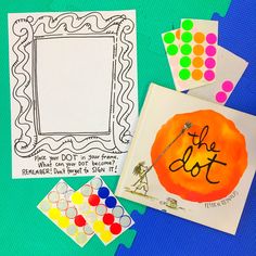 three different colored cards with the word dot on them and some other art work items