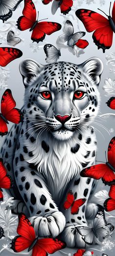 a white leopard surrounded by red butterflies