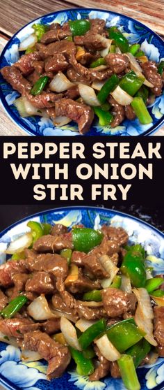 two plates filled with stir fry beef and onions on top of each other, next to the same plate