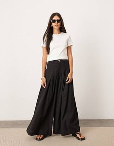 Black Pleated Wide Leg Pants For Summer, Pleated Black Wide Leg Pants For Summer, Black Relaxed Fit Pleated Skirt, Baggy Pleated Skirt For Fall, Wide Leg Pleated Skirt For Fall, Summer Pleated Relaxed Fit Pants, Pleated Wide Leg Skirt For Fall, Pleated Straight Leg Bottoms With Relaxed Fit, High Waist Pleated Wide Leg Pants With Relaxed Fit