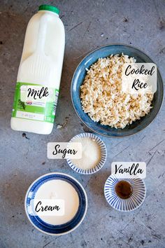 ingredients to make coconut milk are shown in bowls