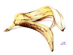 two peeled bananas sitting next to each other on a white surface with purple writing underneath