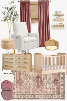 a baby's room with furniture and accessories including a chair, crib, dresser, rugs, window curtain, table lamp, and potted plant