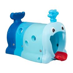 a blue and red toy whale with its mouth open