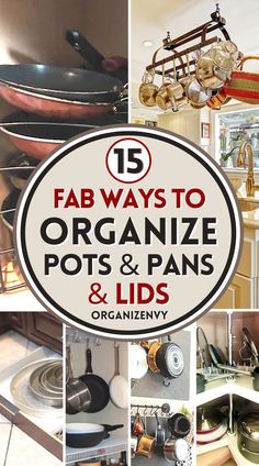 15 ways to organize pots, pans and lids in the kitchen or pantry. How To Store Pot Lids Kitchen Organization, Ways To Organize Pots And Pans, Organize Lids For Pots And Pans, Storing Lids To Pots And Pans, Organizing Pot Lids, How To Store Lids To Pots And Pans, Storage For Pan Lids, Storage Pots And Pans, Pots Storage Kitchen