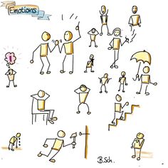 an image of people doing different things in the same drawing style as well as writing