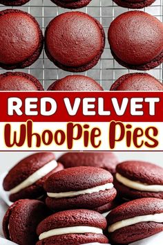 red velvet whoopie pies with white frosting on top and in the middle