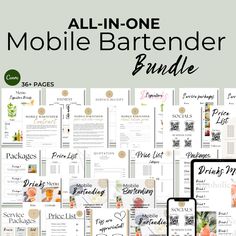 the all - in - one mobile bartender bundle is shown with text and images on it