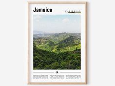 a poster with the words jamaica on it in front of a mountain range and trees