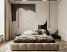 a large bed sitting in the middle of a bedroom next to a tall white wall