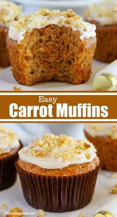 carrot muffins with white frosting on top and the words easy carrot muffins above them