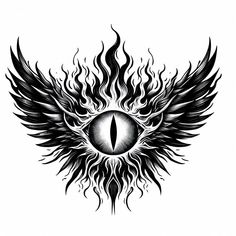 an eye with flames in the middle and wings around it's eyes, as well as