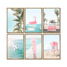 four pink surfboards are on the beach and there is a flamingo in the water