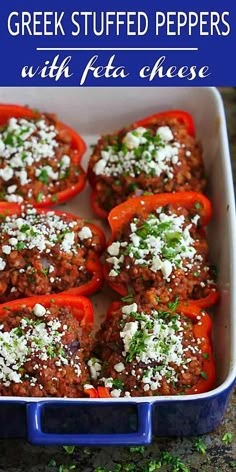 greek stuffed peppers with feta cheese in a casserole dish