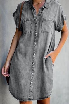 Buttoned Short Sleeve Denim Mini Dress P10426 Denim Shirt Dress Women, Fitted Denim Dress, Short Sleeve Denim Dress, Casual Denim Jeans, Camisa Jeans, Denim On Denim, Dress Sleeve Length, Denim Midi Dress, Collared Shirt Dress