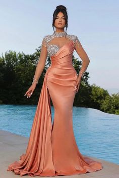 Miabel Graceful High Neck Orange Long Sleeves Mermaid Long Prom Dress Long Sleeve Prom Dress Mermaid, فستان سهرة, Prom Dresses Long With Sleeves, Formal Dresses Prom