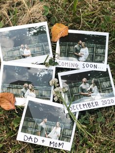 four polaroid photos with the words coming soon and dad and mom written on them