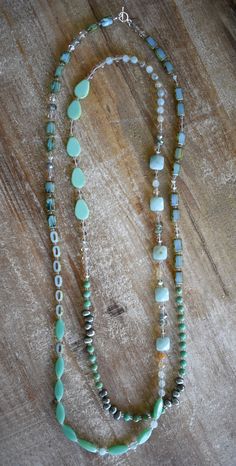 Seafoam Medley Necklace, 60" - Stefanie Wolf Designs Wolf Designs, Vintage Jewelry Ideas, Wooden Bead Necklaces, Freshwater Pearl Jewelry, Gemstone Beaded Necklace, Hippie Necklace, Long Beaded Necklace, Tassel Jewelry, Fire Agate