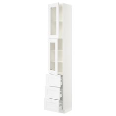 a tall white cabinet with drawers on the bottom and doors open to reveal an area for storage