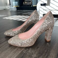 Wore Once. Sold Out Everywhere In This Design. Gorgeous Classy Shoe. Purchased Directly From The Website. No Flaws On Leather Or Sparkles. Comes With Box. Classy Shoe, Chunky Heel Pumps, Classy Shoes, Kate Spade Shoes, Moving Sale, Chunky Heel, Silver Glitter, Chunky Heels, Shoes Women Heels