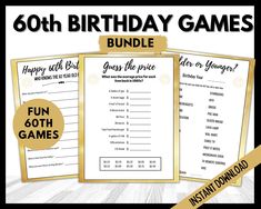 the birthday games bundle is shown in black and white with gold trimmings on it