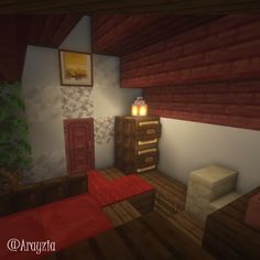 a room with a bed, dresser and other items in the room that is minecraft