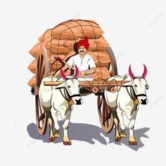 a man driving a cart with two oxen pulling it, transparent png and psd