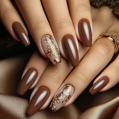 24pcs Fall Winter Brown Press on Nails 3D Embossed Long Ballet Glossy Fake Nails Set with Glue Brown Gel Nails Designs, Nail Inspired, Extension Styles, Hello Nails, Pedicure Designs, Vibrant Patterns, Nail Beauty, Nail Forms, Elegant Nails