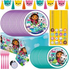 dora birthday party supplies including plates, napkins and decorations