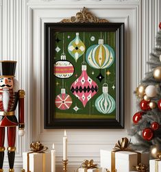 a nutcracker is standing next to a christmas tree with presents and ornaments on it