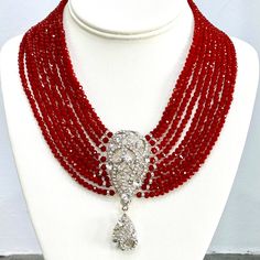 Red Swarovski Crystal 9 Row Necklace, For Mother Of The Bride, For Bridesmaid, Bridle Or Any Special Occasion. This Handmade Necklace Was Made In The By Heftsi One Of A Kind Classic And Elegant Size Of Crystal Is 4mm Size Of Center Piece Is 3 1/4 " H Size Of Necklace Is Between 16-18 With 2 Inch Chain Extender . Elegant Red Rhinestone Necklaces, Red Rhinestone Evening Necklaces, Red Rhinestone Necklaces For Evening, Red Rhinestone Evening Necklace, Evening Red Rhinestone Necklace, Necklace For Mother, Chain Extenders, Handmade Necklace, Art Room