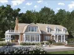 this is an artist's rendering of the front of a house with large windows