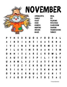 the november word search is shown with an image of a scare on top of it