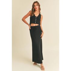 Combine comfort and style with our Karlee Vest and Maxi Skirt set in a chic black color. This versatile set is perfect for any occasion, providing you with a stylish and effortless look. Made with high-quality materials, you'll feel comfortable and confident all day long. SOLD SEPARATELY Runs true to size Model is wearing a size small Casual Two-piece Maxi Skirt For Vacation, Black Two-piece Bottoms For Summer, Casual Two-piece Skirt For Day Out, Trendy Black Vacation Sets, Chic Spring Maxi Skirt For Loungewear, Black Two-piece Skirt For Summer, Fitted Black Maxi Skirt Casual, Casual Black Maxi Skirt For Night Out, Fitted Black Casual Maxi Skirt