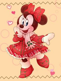 a cartoon character dressed in red and white with hearts on her chest, holding onto the arm