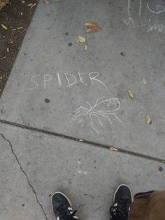 someone is standing on the sidewalk with their feet propped up and writing spider in chalk