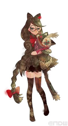 a drawing of a girl with glasses holding a stuffed animal in her arms and looking at the camera