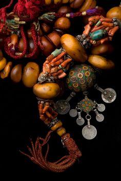 Moroccan Berber necklace; with enamelled silver, silver, amber, coral, shell, amazonite beads. Coral Bracelet