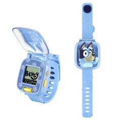 a blue watch with cartoon character on it