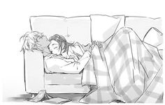 a black and white drawing of two people sleeping on a couch with the covers pulled back